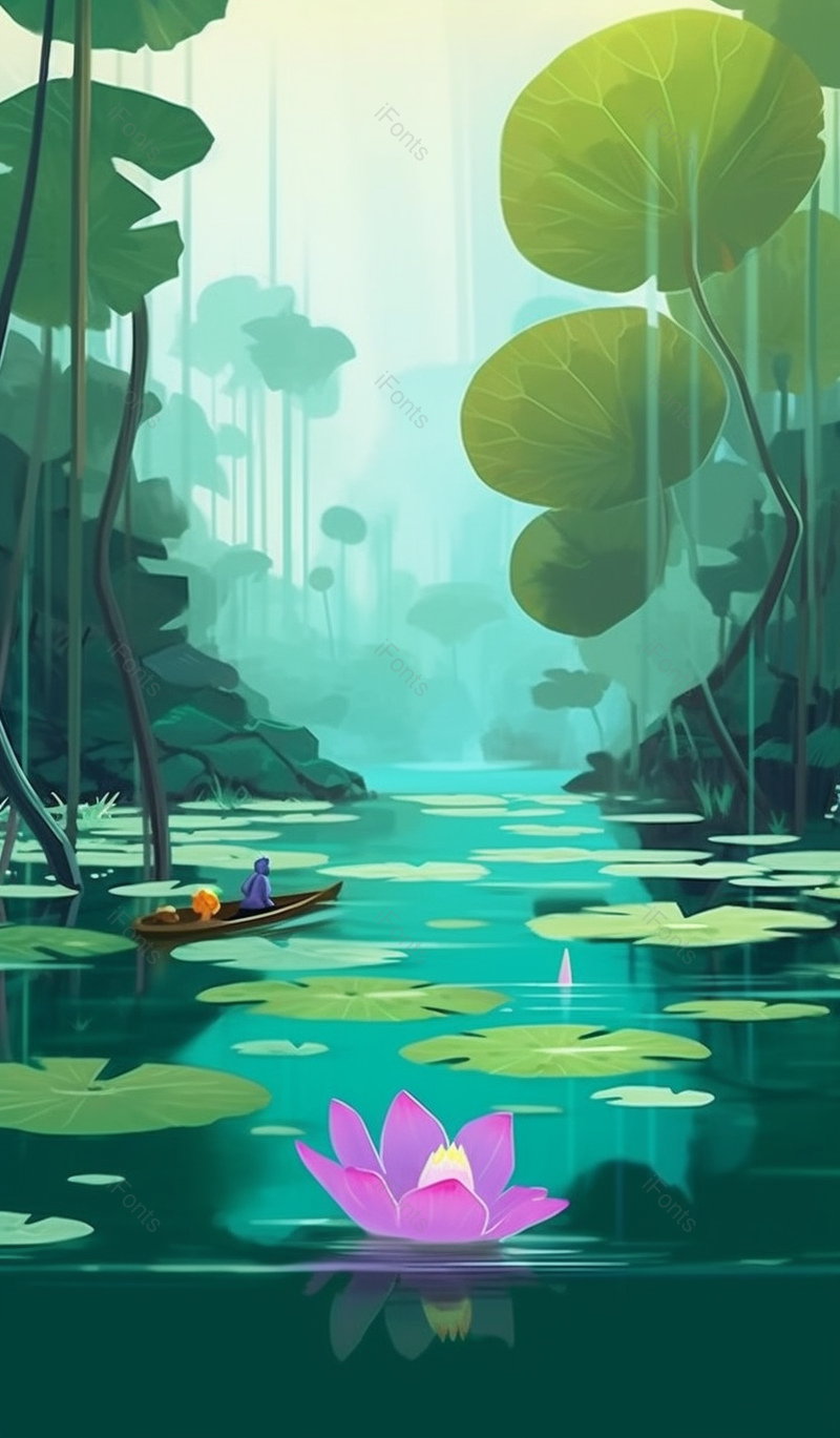 大暑绿色大荷叶湖中划船荷花清新插画,插画/手绘图,插画/手绘图库,插画/手绘图下载,插画/手绘